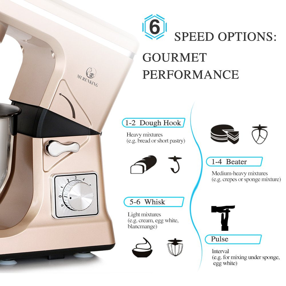 MURENKING Stand Mixer,5.3-Qt & 500W & 6+P Speed MK36 Tilt-Head Kitchen Electric Food Mixers Home Baking Dough Machine with Accessories (Champagne)