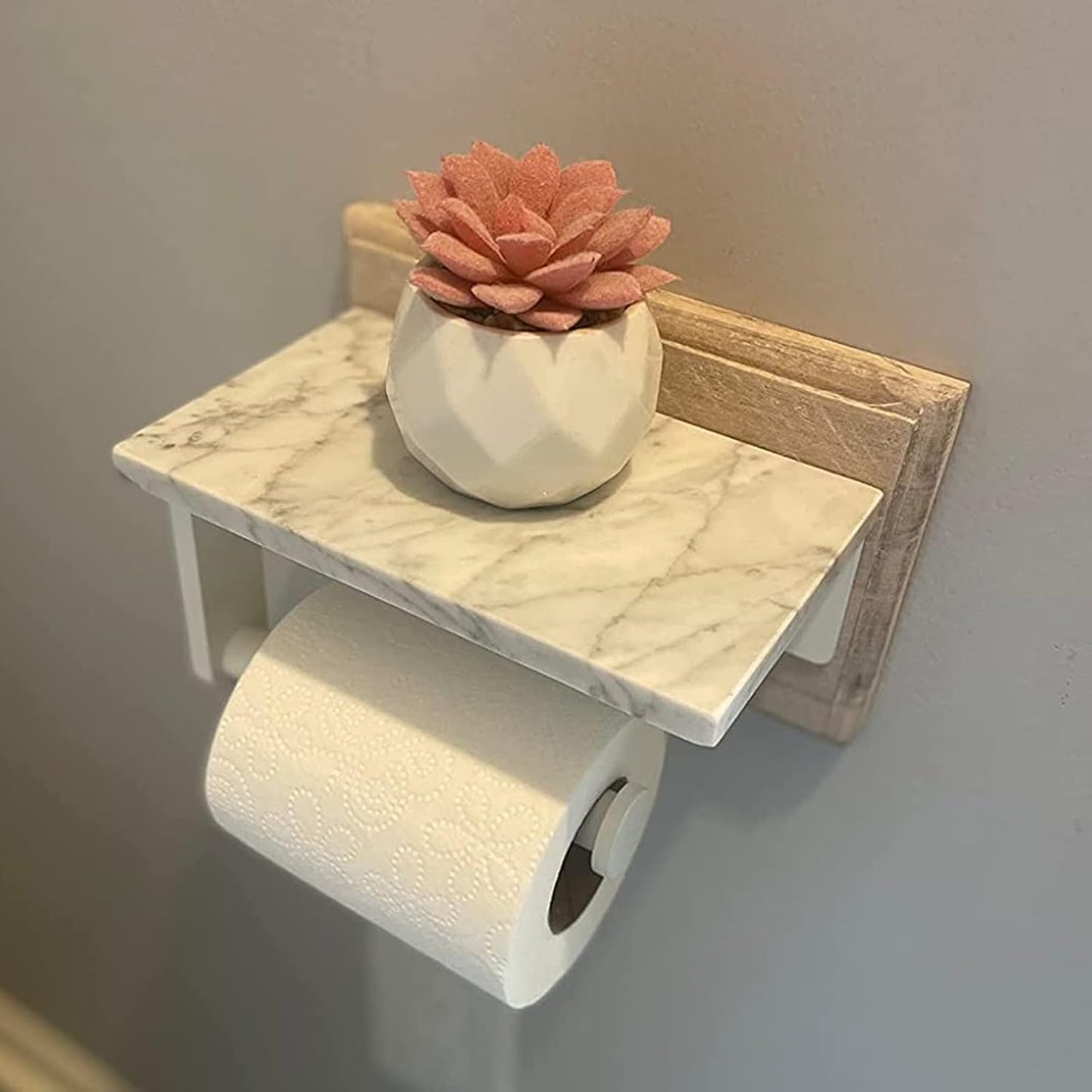 Toilet Paper Holder with Natural Marble Shelf, 304 Stainless Steel Screw Wall Mounted, Tissue Roll Paper Holder Dispenser for Bathroom Washroom White