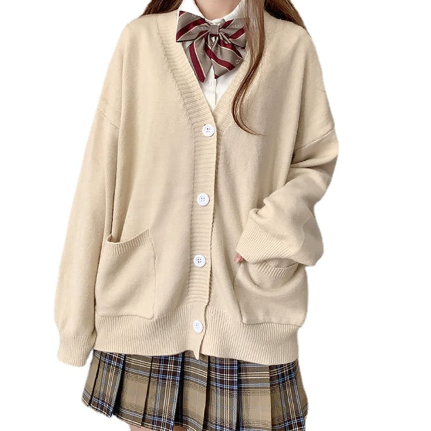 Preppy Aesthetic Clothes Cute Japanese School Sweater Kawaii Solid V-Neck Loose Knitted Cardigan JK Uniform Cosplay (M,Apricot)