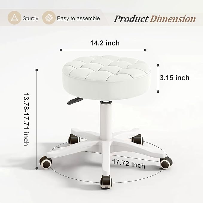 JPBSTO Small Rolling Stool with Wheels, PU Leather Height Adjustable Vanity Work Task Stool, 360 Swivel, Padded Seat Cushion, for Salon, Home, Office