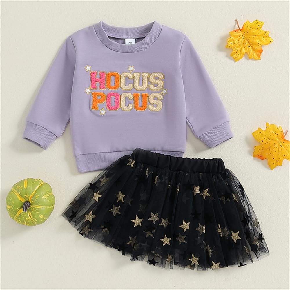 Socutebabe Toddler Halloween Outfit Costume Baby Girl Boo Shirt Sweatshirt and Tulle Skirts Little Girls Clothes (Witch Purple Black, 12-18 Months)