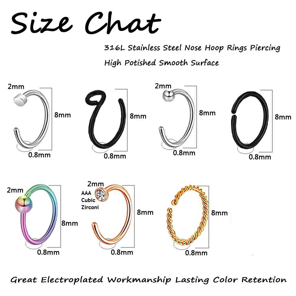 20G Black Surgical Steel Nose Studs L Shaped Nose Ring Hoop Nose Hoops for Women Men