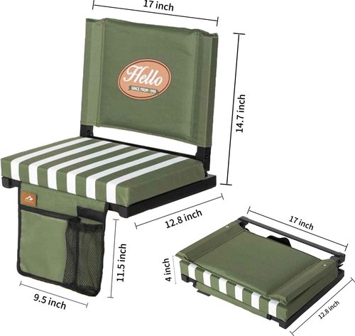LOENIY 2 Pack Stadium Seats for Bleachers with Back Support, Bleacher Seats with Backs and Extra Thick Padded Cushion, Includes Shoulder Straps Carry Handle, and Cup Holder Side Pockets (Green)