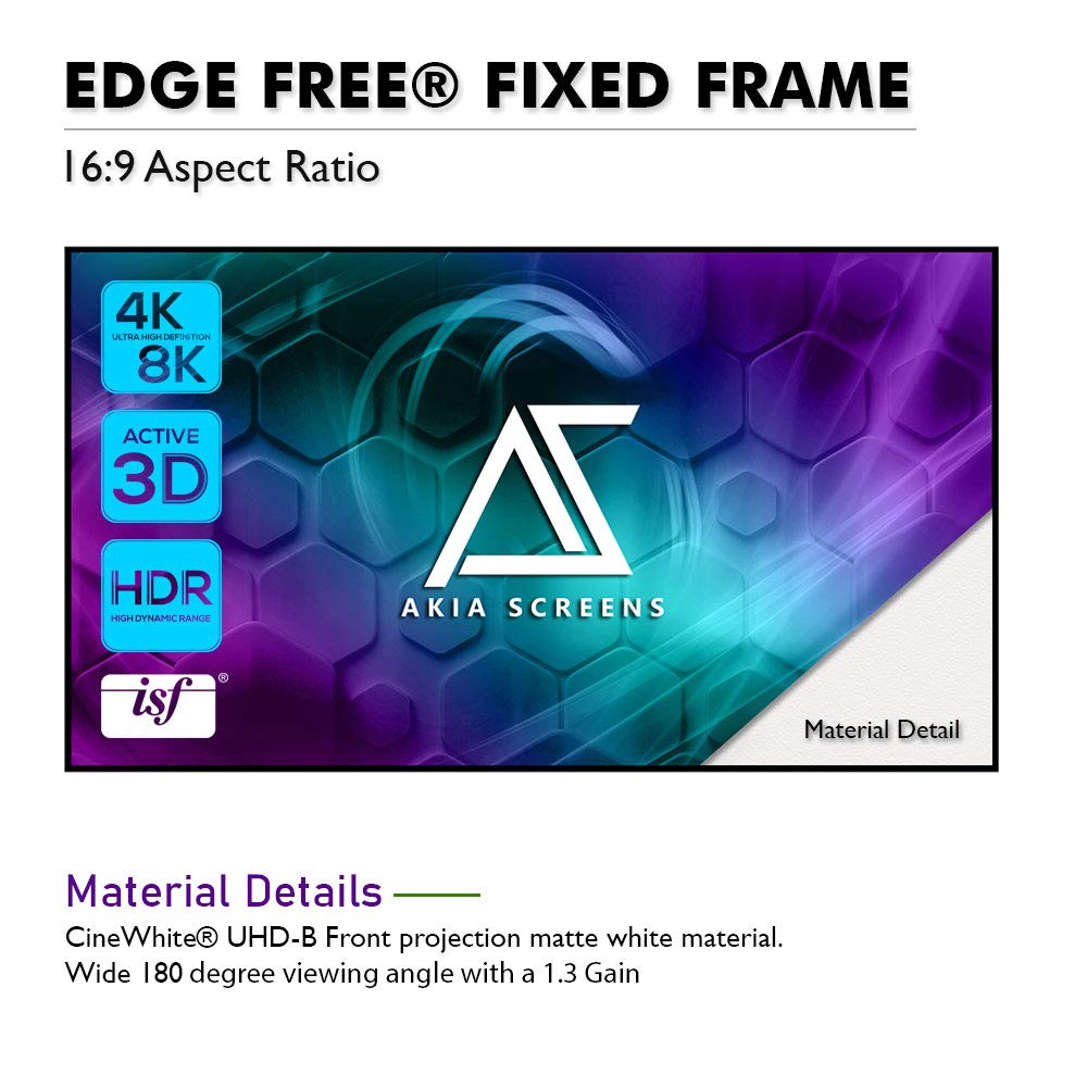 Akia Screens 100 Inch Edge Free Fixed Frame Projector Screen 16:9 – CineWhite UHD-B 1.3 Gain – 8K 4K Ultra HD 3D Ready – Indoor Home Theater Wall Mount Screen AK-NB100H1
