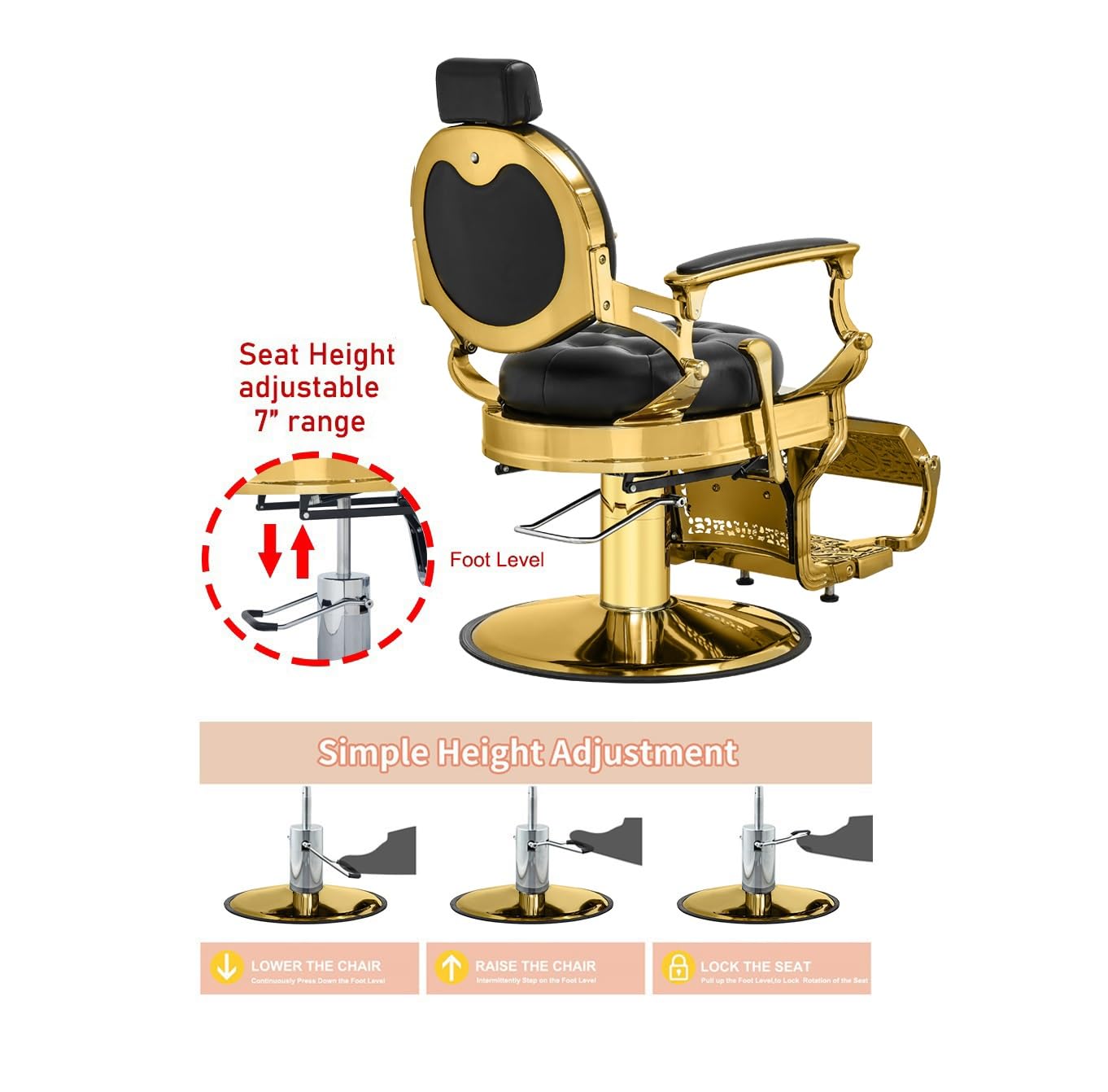 Kaleurrier Salon Chair for Hair Stylist: Barber Chairs for Barbershop - Heavy Duty Reclining Hair Chair with Footrest for Home Wide Seat Gold and Black