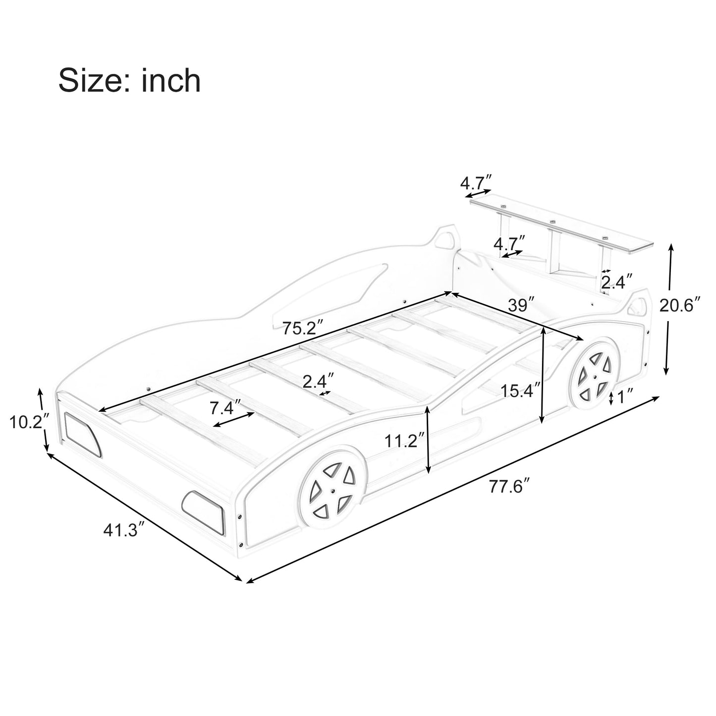 Twin Size Bed Frame for Kids, Twin Floor Bed with Rails, Wooden Race Car Bed, Car-Shaped Platform Twin Bed with Wheels,Mattress Foundation,Wood Slat Support, No Box Spring Needed, Red