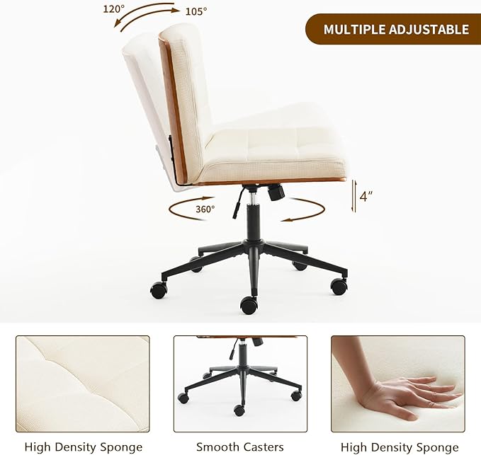 Furnimart FSC Wooden Wide Desk Chair, 360° Swivel Criss Cross Office Chair with Wheels, Comfy Cross Legged Sitting, Armless Height Adjustable Rolling Chair for Bedroom, Office, Vanity (Linen Beige)