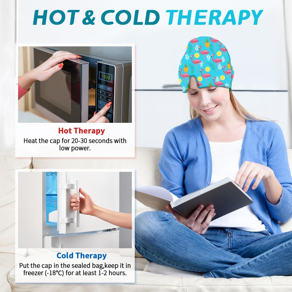 Migraine Relief Cap, Soothing Headache Ice Face Mask Products, Hot and Cold Therapy, Migraine Headache Relief Cap for Migraine, Sinus, Puffy Eyes, Tension, Stress and Hangover (Pink+Blue2)