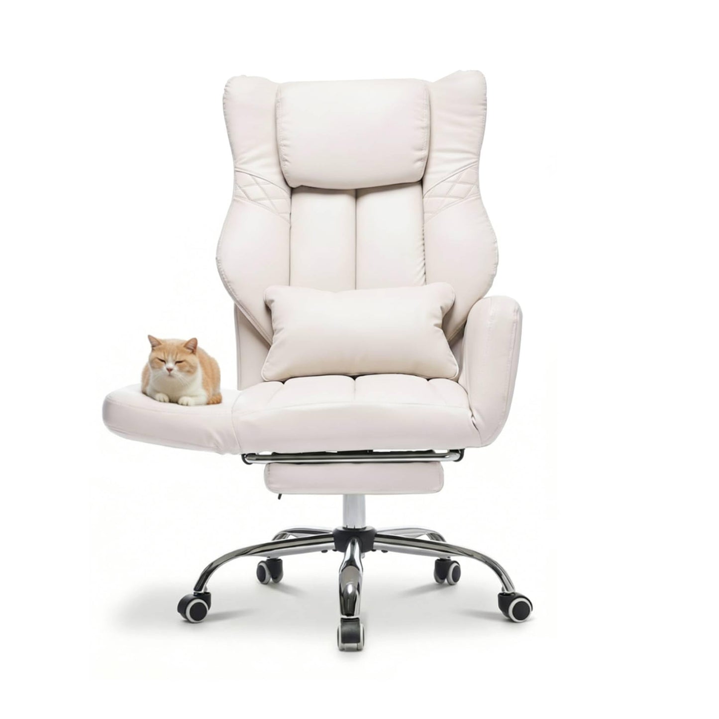 forveolux High Back Executive Office Chair with Footrest, Reclining PU Leather, Lumbar Support, Criss Cross Style, 155° Recline (Beige)