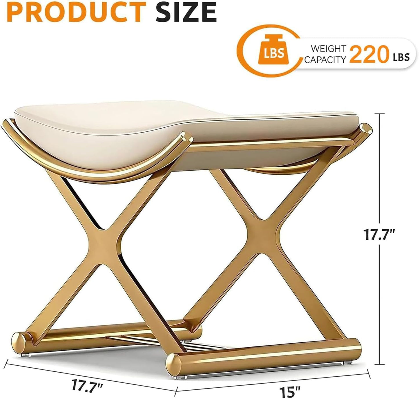 KUCKGO Modern Bathroom Vanity Stool Makeup Chair - Backless Leather Vanity Bench Seat with Metal X Legs, Small Ottoman Footstool for, Bedroom, Living Room, Dressing Room, Gold