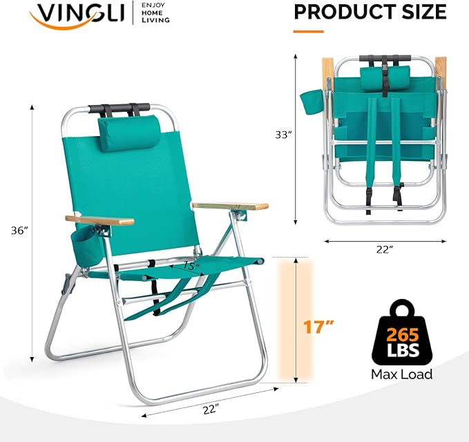 VINGLI Aluminum Backpack Beach Chair – Tall Beach Chairs for Adults, Portable with Adjustable Straps, 3-Position Reclining, Cup Holder, 2 Pillow,High Lightweight Beach Chairs (Green, 17" High)