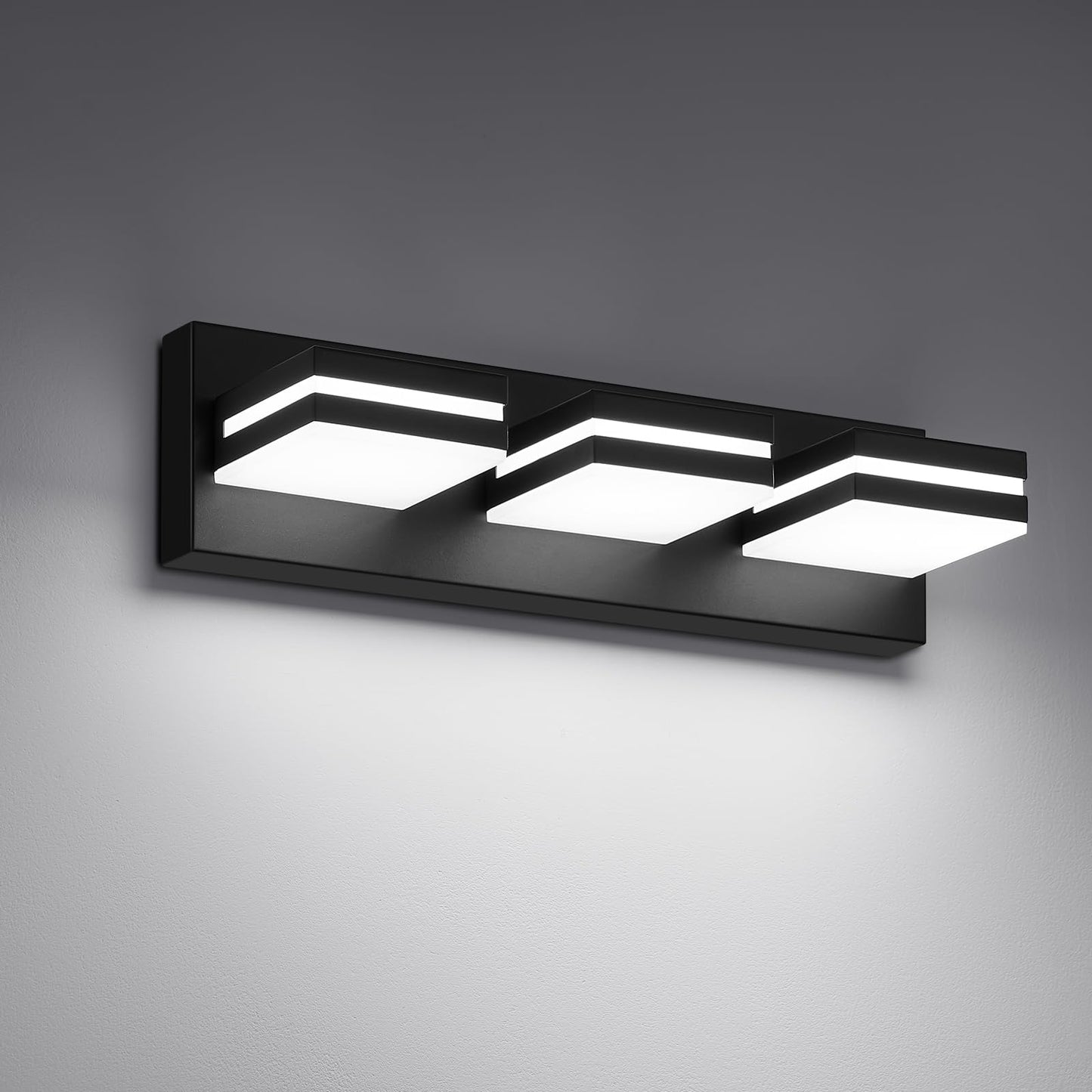 JZEKVN Modern LED Bathroom Lights Fixtures(3-Light),Metal Black Acrylic Wall Lighting,Vanity Lights for Bathroom Over Mirror(6000k 16In