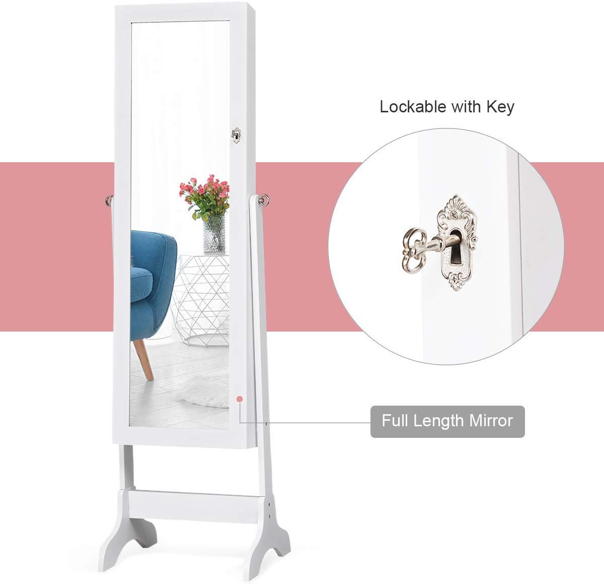 Mirror Wood Standing Jewelry Cabinet, Lockable Standing Jewelry Armoire with Key, Large Storage Capacity Jewelry Cabinet Organizer with 2 Drawers, 4 Angel Adjustable (White)