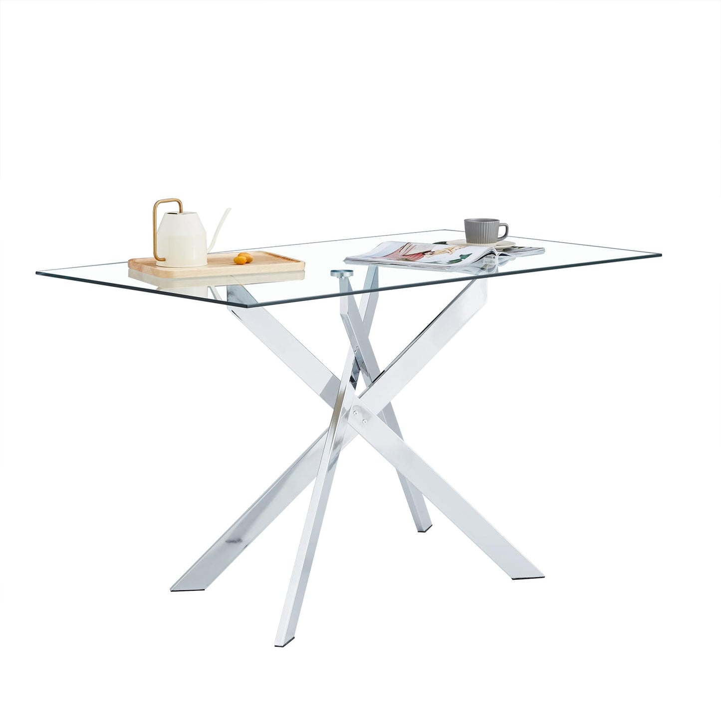 KUVADAZ 51" Rectangle Dining Table for 4 5 6 People, Modern Dining Table with Silver Chrome Metal X-Shaped Legs, Large Glass Kitchen Table Family Dinner Table for Home Office Living Room