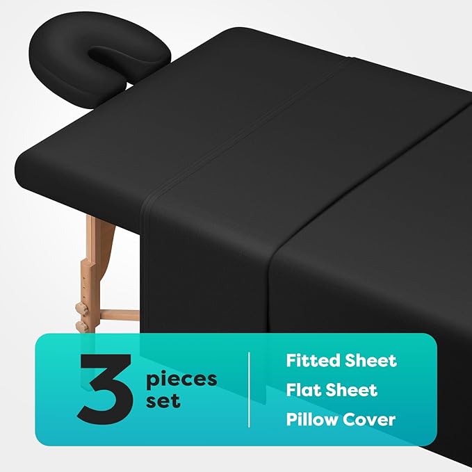 Comfyanno Massage Table Sheets Sets, 3 Pcs Professional Microfiber Massage Bed Cover Sheets, Soft, Light-Weight, Stain & Wrinkle Resistant, Includes Flat & Fitted Sheet, Face Cradle Cover - Black
