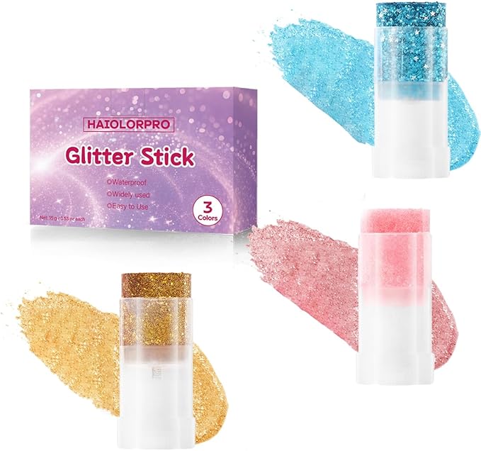 HAIOLORPRO Gold Blue Pink Body Glitter Stick, Face Hair Glitter Stick for Kids, Glitter Face Paint Hair Accessories for Wo...