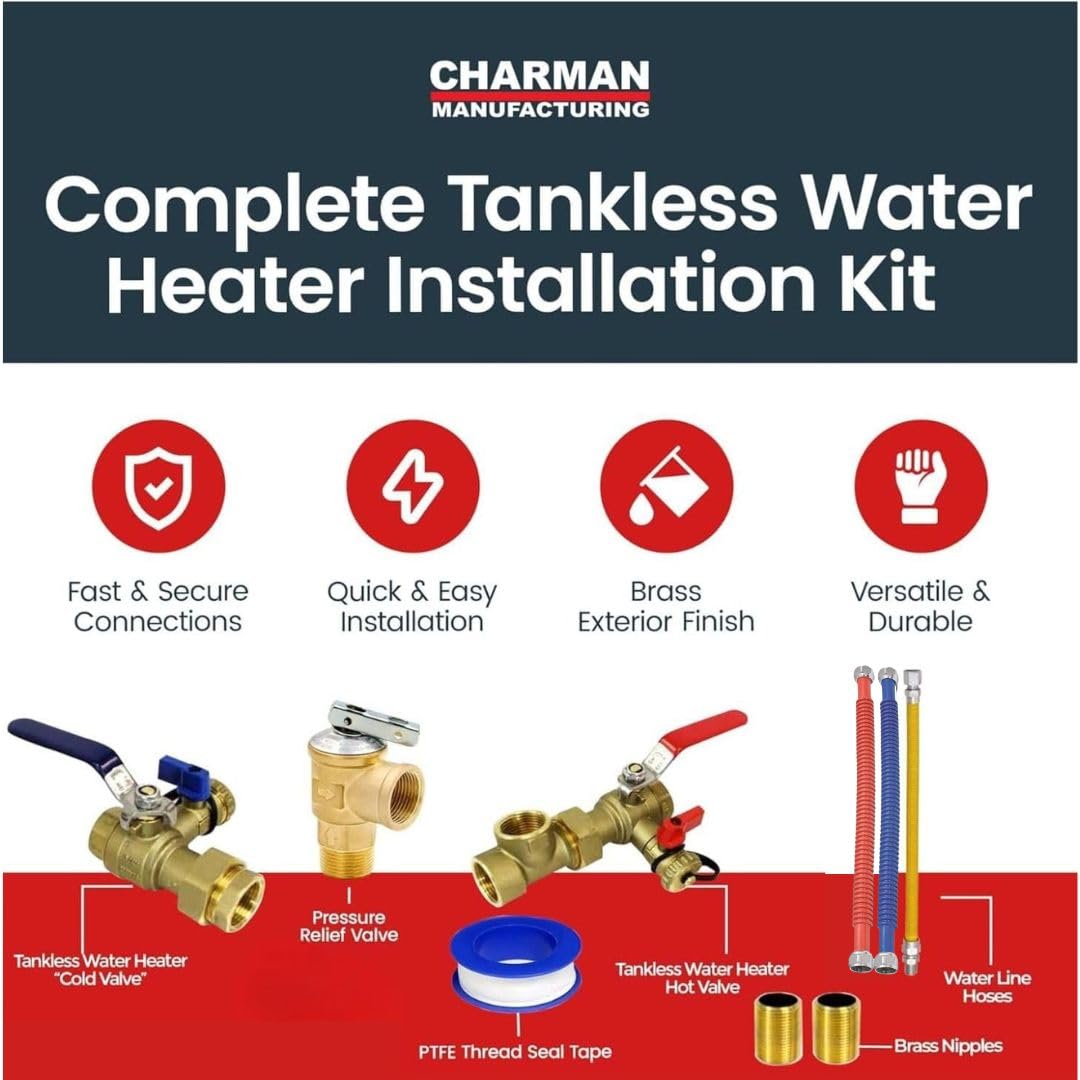 CMI Inc - 3/4 Inch IPS Female Threaded Complete Tankless Water Heater Valve Kit with Pressure Relief Valve Water and Gas Connectors - Compatible with Most Tankless Water Heater Brands