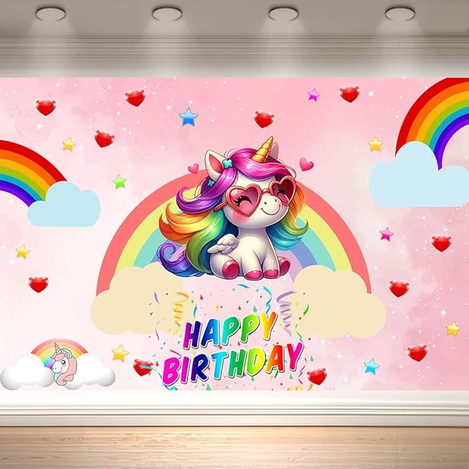 Unicorn Birthday Backdrop Decorations for Girls Party 7x5ft Pastel Rainbow Glitter Stars Dotsphotography Background Happy ...