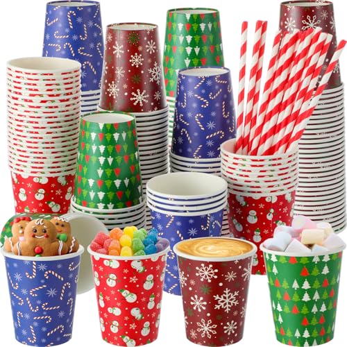 FoldTier 120 Set 9 oz Christmas Hot Cocoa Paper Cups Bulk Disposable Paper Coffee Tea Cups with Straws Christmas Hot Choco...