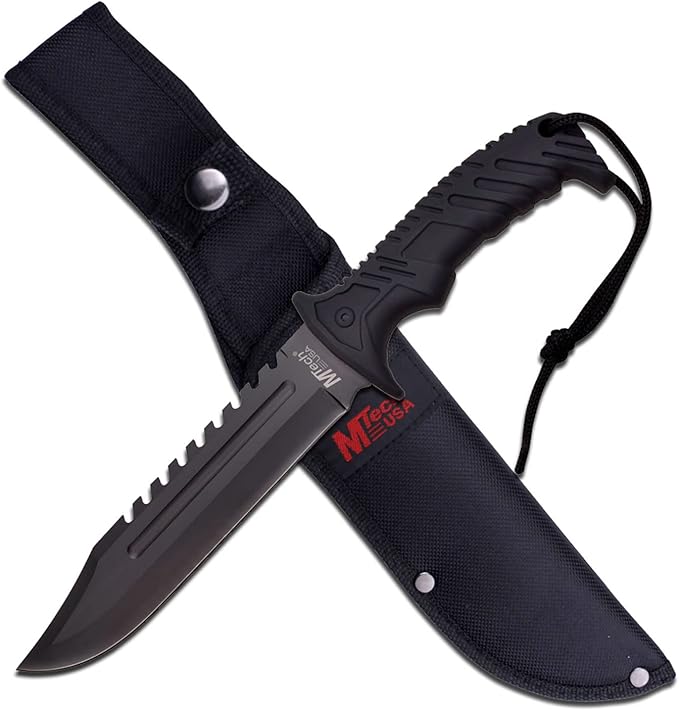 MTech USA MT-20-57BK Fixed Blade Hunting Knife, Black Blade, Black Rubberized Handle, 12.5-Inch Overall