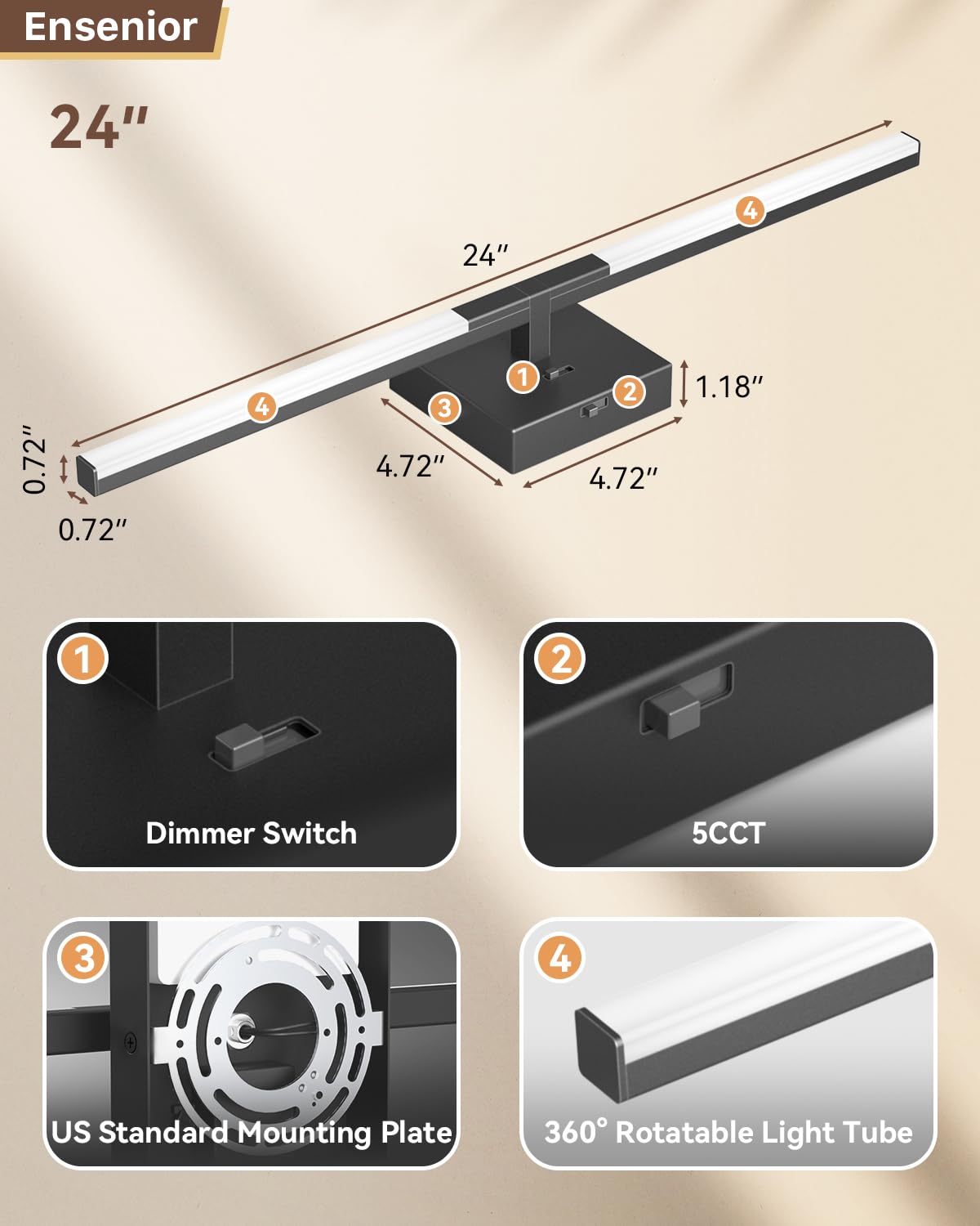 Ensenior Modern Vanity Light, Built-in Dimmer, 24 inch Led Light Fixture Over Mirror, Dimmable 5CCT, Black Bar Light Fixture for Mirror, Bedroom - FCC Certified