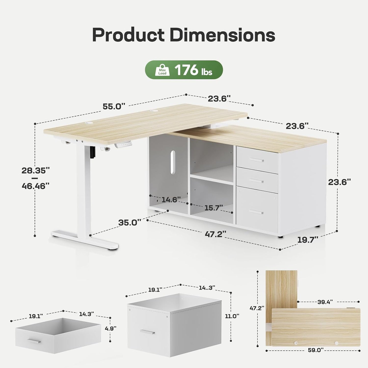Marsail L-Shaped Executive Standing Desk with File Cabinet, 55" x 24" Electric Height Adjustable Stand up Desk, One-Whole Piece Desktop, Home Office Modern Computer Deskwith 4 Memory Presets