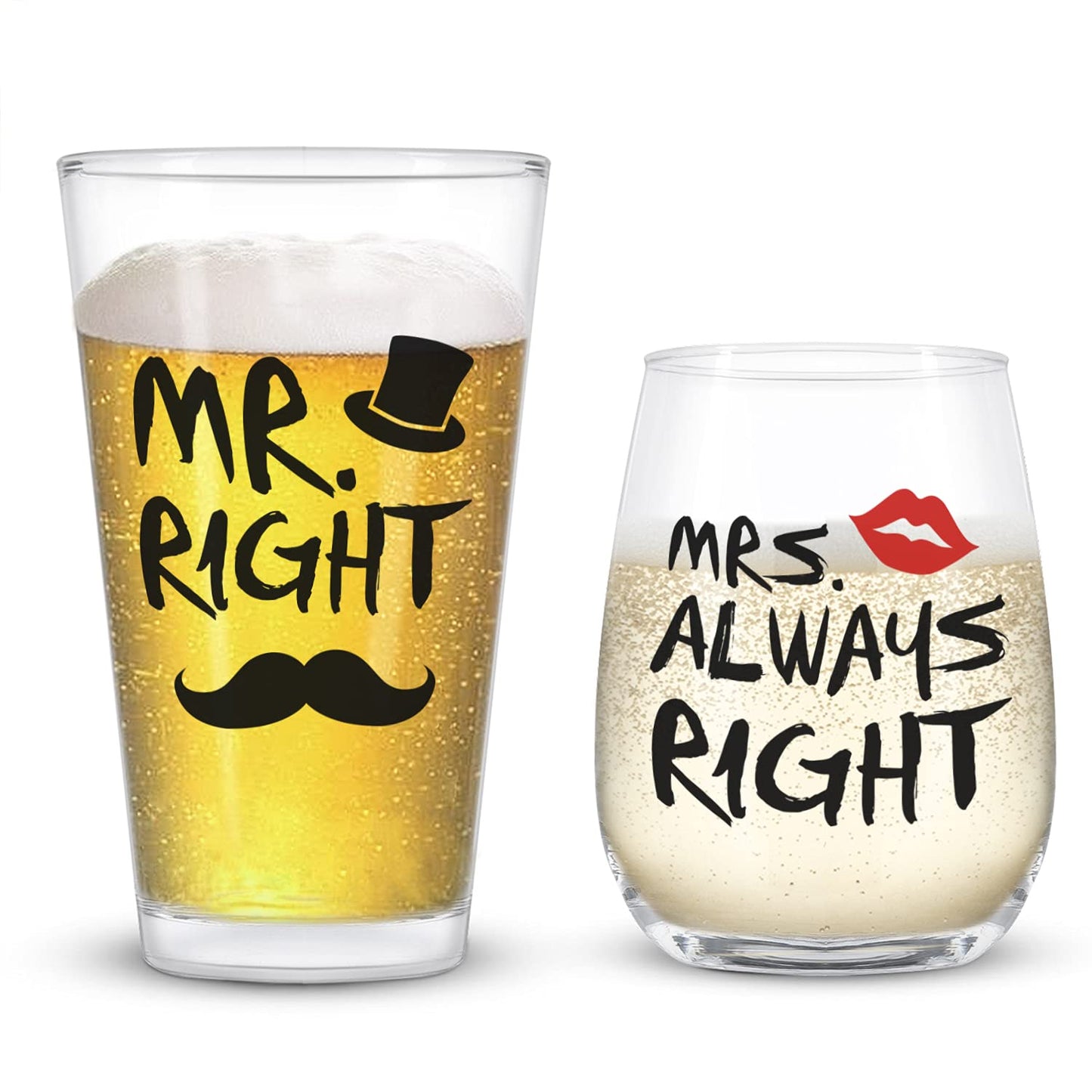 Mr. Right and Mrs. Always Right Stemless Wine Glass and Beer Glass, Funny Couple Set for Her Him Newlywed Couples - Ideal for Wedding Anniversary Valentines Birthday Christmas, 12Oz