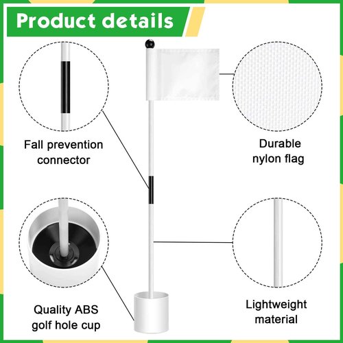 Lenwen 6 Set Golf Flagstick Golf Pin Flag Hole Cup Set Putting Green Flag and Poles Nylon Practice Portable 2 Section Design Putting Green Gifts for Yard Backyard Garden Driving Range(White)
