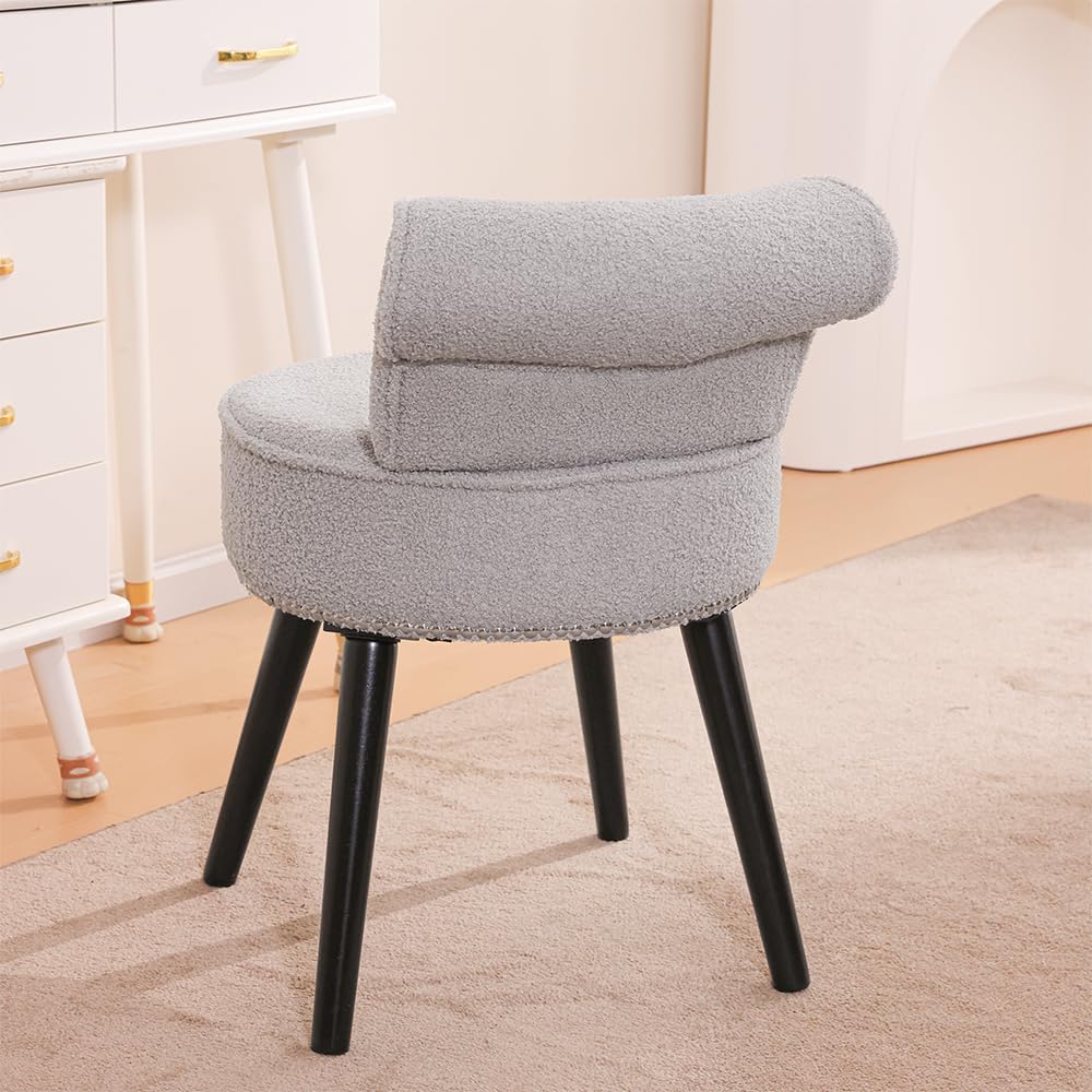 Sherpa Vanity Chair with Back for Bedroom - Tufted Upholstered Low Back Makeup Chair with Wooden Legs, Modern Elegant Dressing Table Stool for Dressing Room﻿(Grey)
