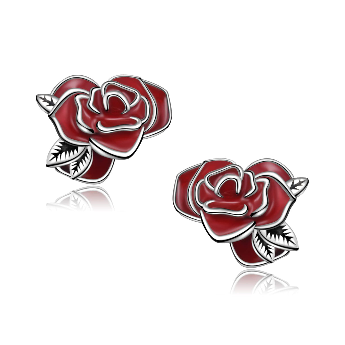 925 Sterling Silver Rose Stud Earrings - Red Hypoallergenic Flower Earrings for Women, Dainty Pretty Mother's Day Jewelry