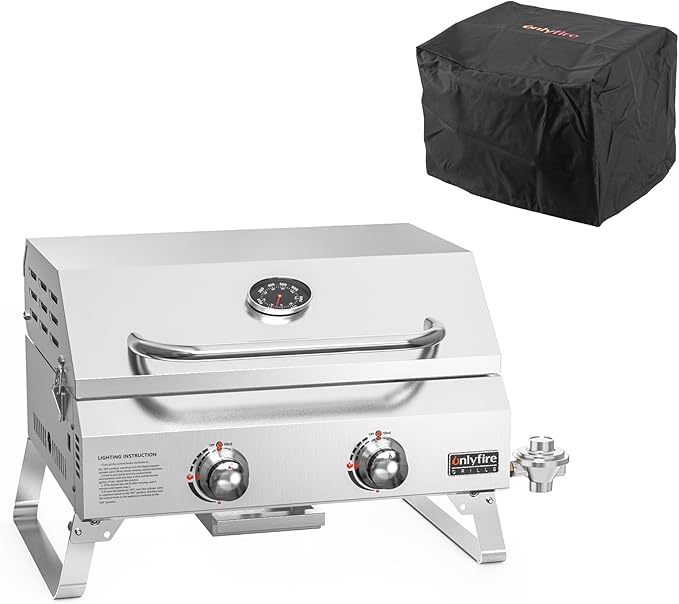 Onlyfire Tabletop Gas Grill 2 Burners and Grill Cover Bundle, 20" Stainless Steel Portable Propane Grill with Foldable Leg...