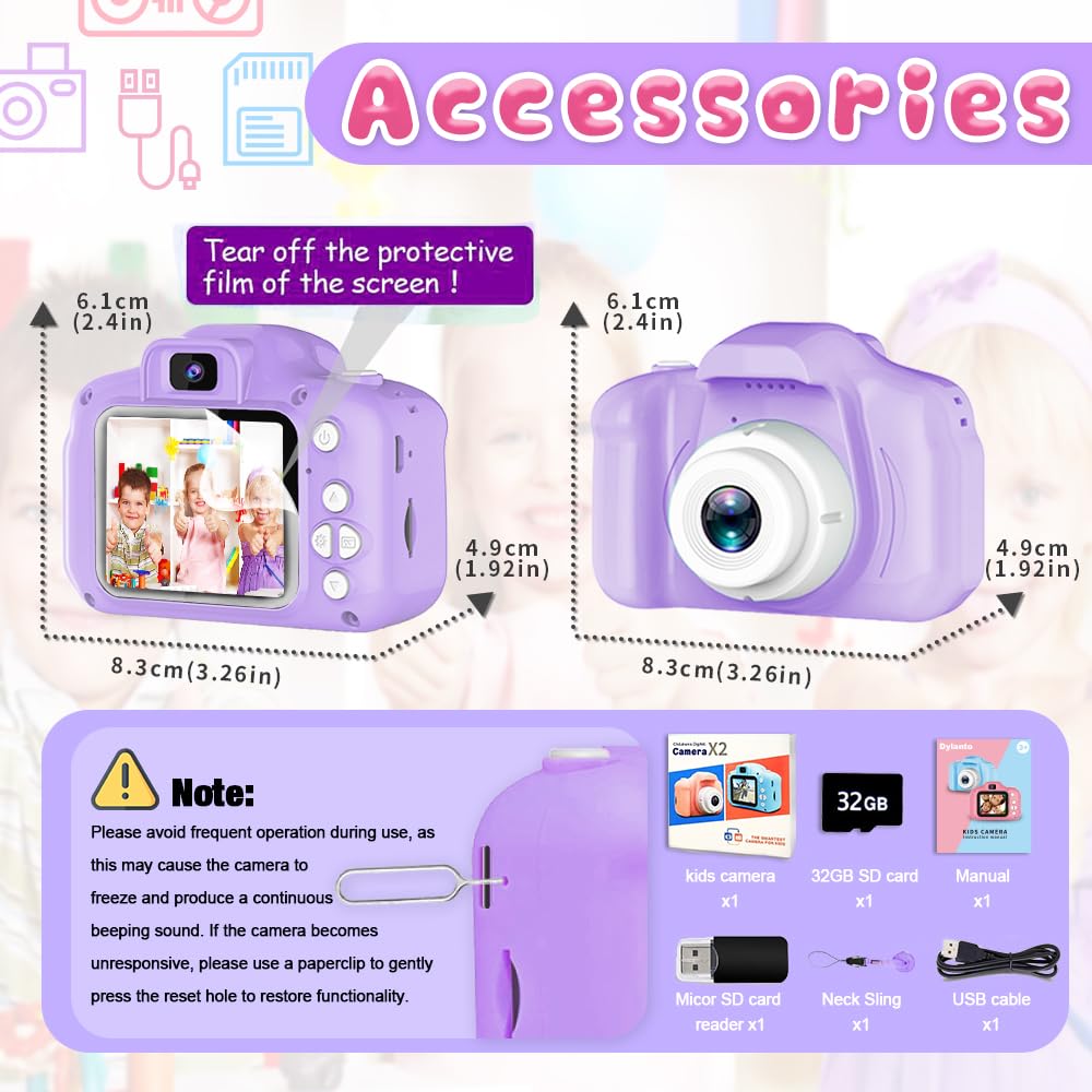 Dylanto Upgrade Kids Selfie Camera, Christmas Birthday Gifts for Girls&Boys Age 3-9, HD Digital Video Cameras for Toddler, Portable Toy for 3 4 5 6 7 8 Year Old Girls&Boys with 32GB SD Card (Purple