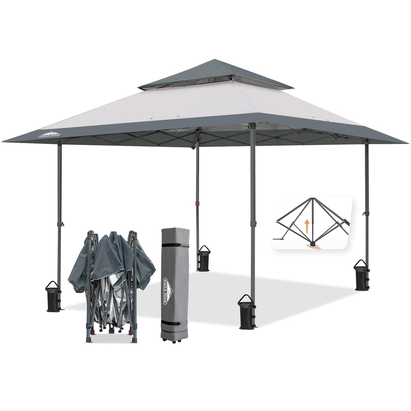 EAGLE PEAK 13x13 Straight Leg Pop Up Canopy Tent Instant Outdoor Canopy Easy Single Person Set up Folding Shelter w/Auto Extending Eaves 169 Square Feet of Shade (Light Gray)