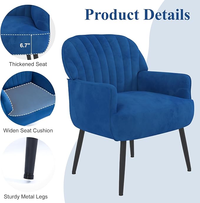 Holiway Velvet Accent Chair, Upholstered Modern Leisure Single Sofa Side Living Room Chair, Comfy Tufted Back Armchair with Metal Legs for Waiting Room/Bedroom/Office/Reading Room, Blue