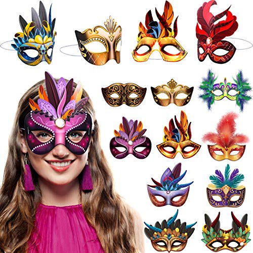 Blulu 24 Pcs Mardi Gras Masks Carnival Parade Faux Feather Face Waterproof Cardboard Masks Masquerade Party New Orleans Fa...
