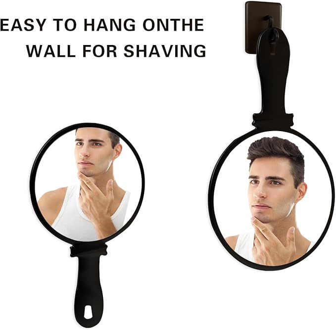2 Pcs Hand Held Mirror with Handle for Makeup,Small Cute Hand Mirror for Shaving with Hole Hanging Single-Sided Portable Travel Vanity Mirror Gift for Men&Women (Black, 5.91" Lx 7.87" W)