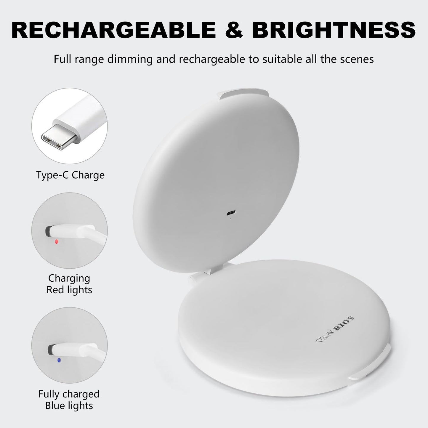 VANRIOS 96 LEDs ' Folding Rechargeable and 10x Magnification Makeup Mirror with Lights,6.3 Inch Double Sided Portable Travel Mir