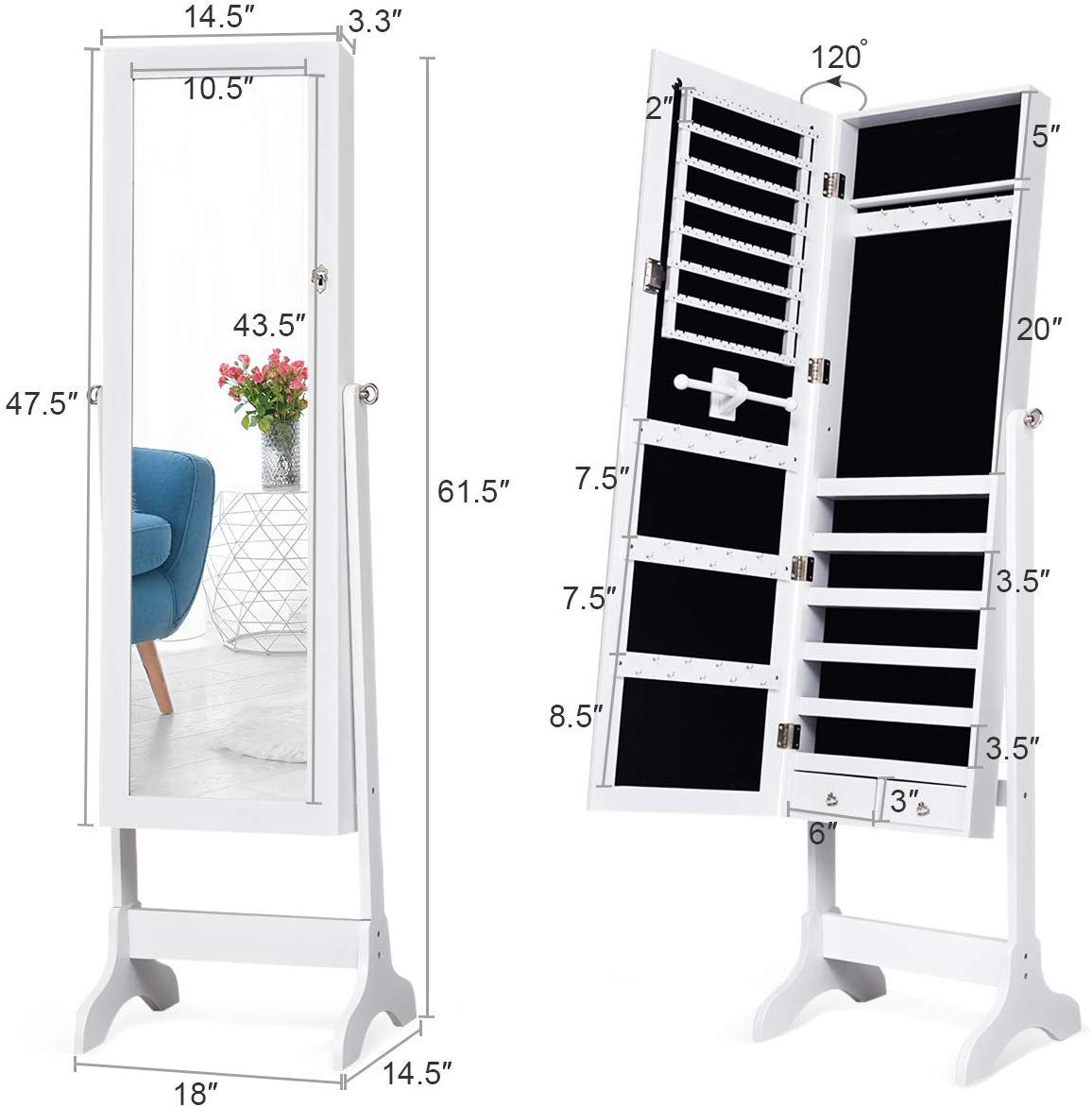 Mirror Wood Standing Jewelry Cabinet, Lockable Standing Jewelry Armoire with Key, Large Storage Capacity Jewelry Cabinet Organizer with 2 Drawers, 4 Angel Adjustable (White)