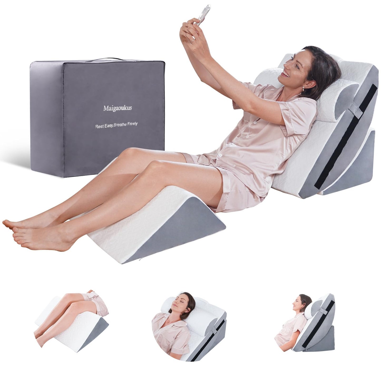 Maigaoukus 4PCS Orthopedic Bed Wedge Pillow Set for After Surgery – Adjustable Memory Foam Body Positioners for Leg, Knee, Back Pain Relief, Elevated Pillows for Adult Sleeping Acid Reflux