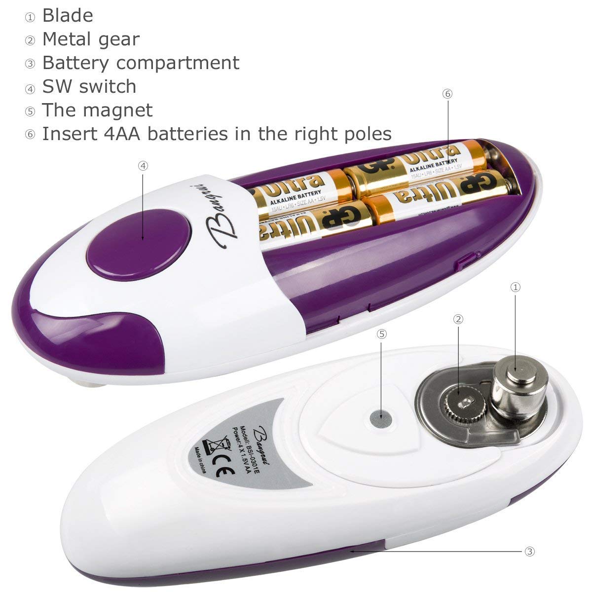 Kitchen Automatic Safety Cordless One Tin Opener&Bangrui Professional Electric Opener.One-touch switch .Smooth can edge.Being friendly to left-hander and arthritics!(Purple)