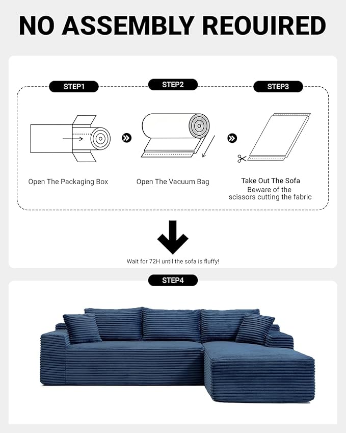 108" Cloud Sectional Couch,Modern Modular Sectional Sofa with Deep Seat,Corduroy Boneless Couches with L-Shape Chaise for Living Room,No Assembly Required (Blue, Right Facing Chaise)