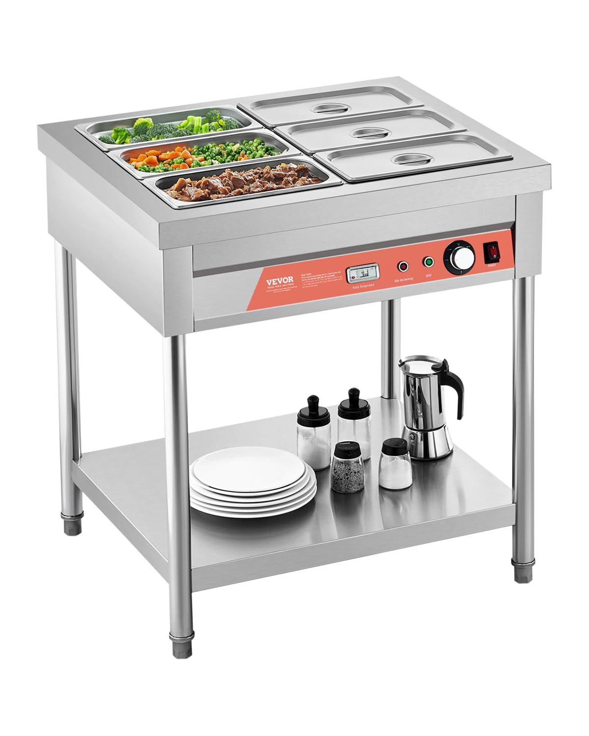VEVOR 6-Pan Commercial Food Warmer, 6 x 1/3 Pans Electric Steam Table, 1500W Professional Buffet Catering Food Warmer with Undershelf, Stainless Steel Server for Restaurant Party Hotel