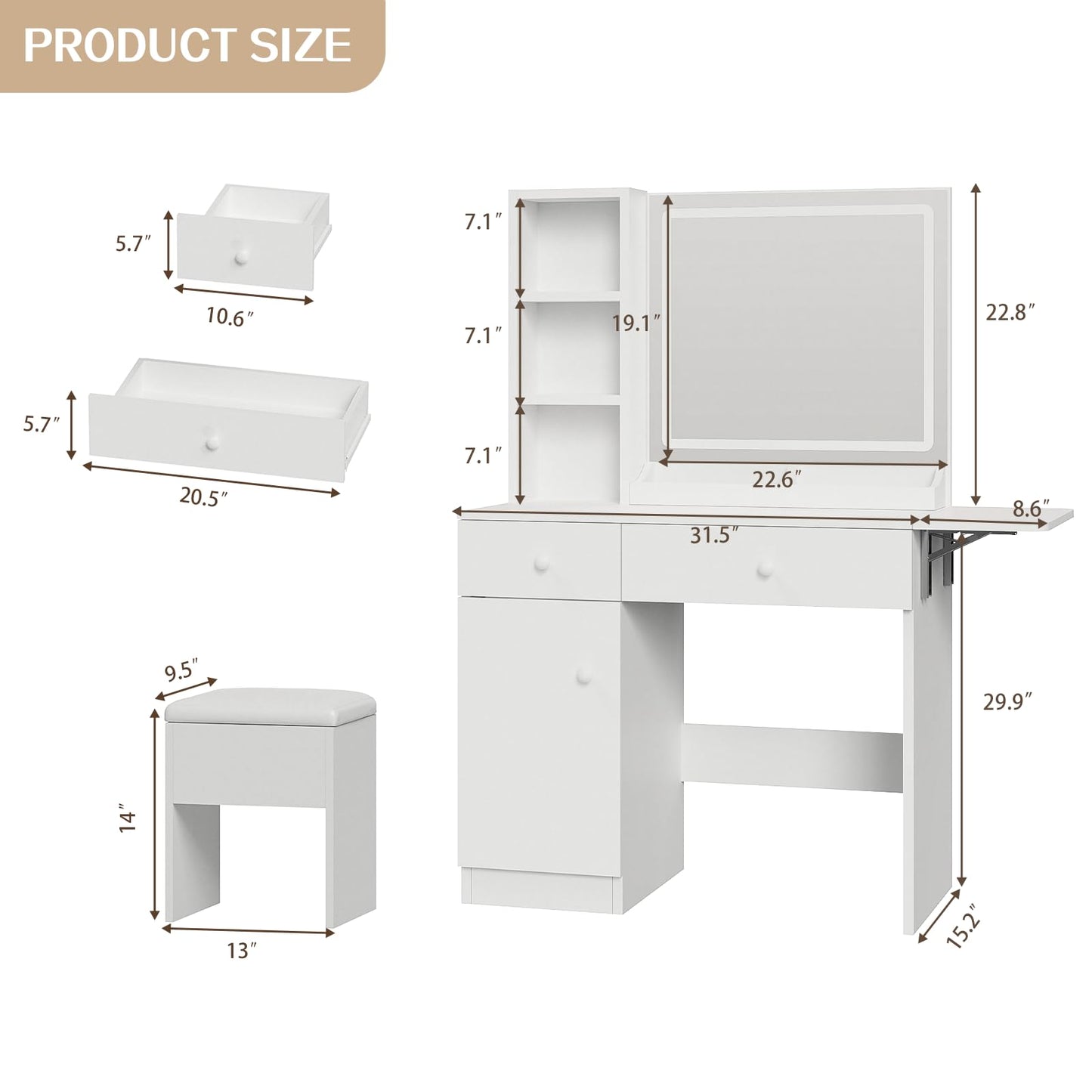 FUXA Vanity Desk with LED Lights Mirror and Charging Station, Makeup Vanity Table with Storage Drawers, Cabinet and Chair, Dressing Table Set for Bedroom, White