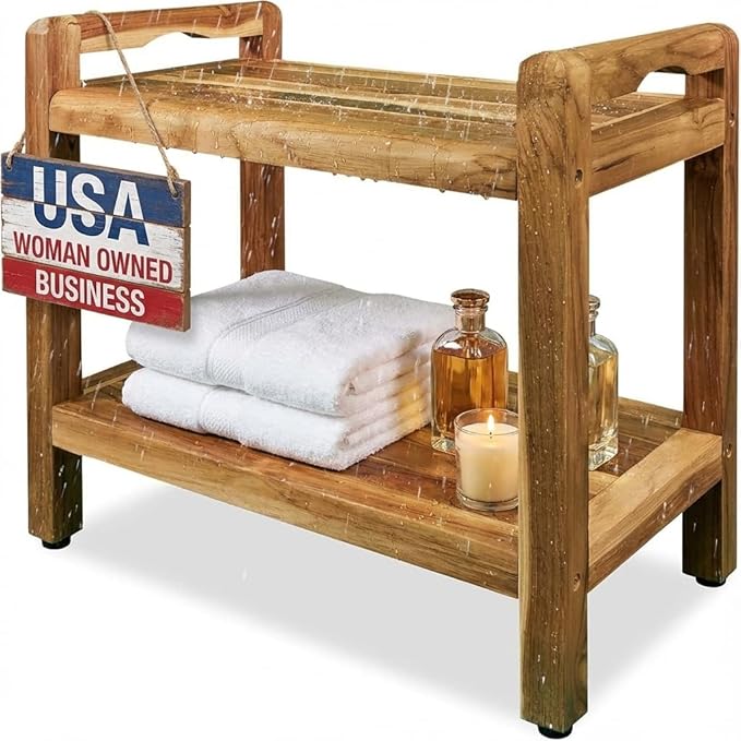 EcoDecors Eleganto 24 Inch Natural Color Waterproof Teak Wood Shower Bench Stool Seat Chair For Inside Shower Provides Safety, Storage, and Organization For Bathroom Accessories