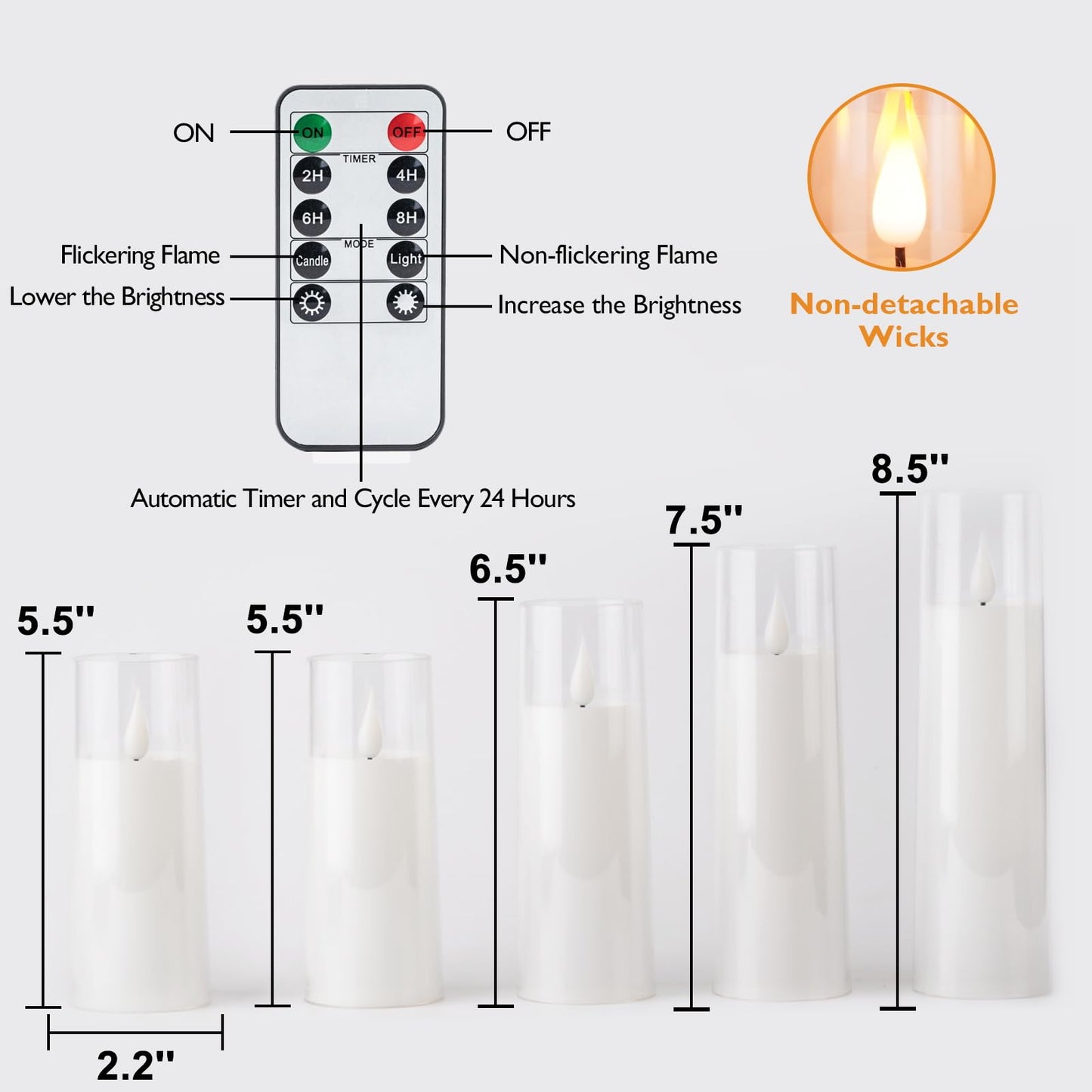 Amagic Pure White Flameless Candles, Battery Operated Candles, Acrylic Flickering LED Pillar Candles with Remote Control and Timer, 3D Wick, Yellow and Blue Glow, D2.2 xH5 5" 6" 7" 8", Set of 5