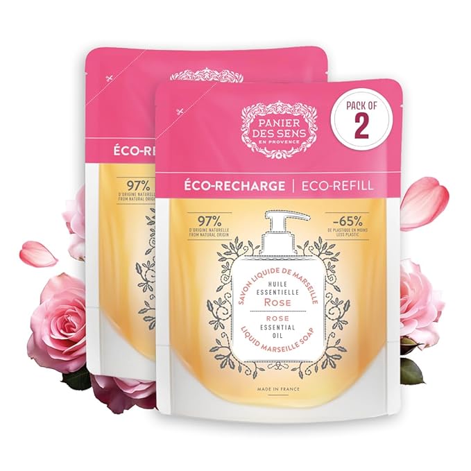 Panier des Sens Liquid Hand Soap Refills - Rose Floral Fragrance - Foaming Moisturizing Hand Soap - French Traditional Savon de Marseille for Kitchen & Bathroom - 34.4 Fl.oz Hand Wash 97% Natural