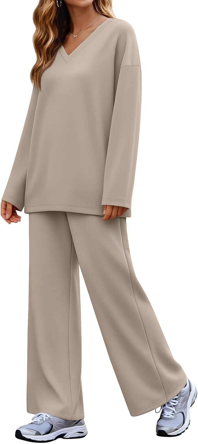 JoyMotion 2 Piece Women's Sweatsuit, V Neck Oversized Tracksuit Wide Leg Pant Fall Lounge Set Long Sleeve Sweatshirts Outfit