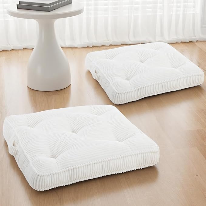 PRIMEPATIO Square Floor Pillow for Adults, Tufted Floor Cushion for Sitting, Large Meditation Cushion, Thick Corduroy Seat with Handle, Tatami Seating for Yoga, 22x22 Inch Beige, 2Pack