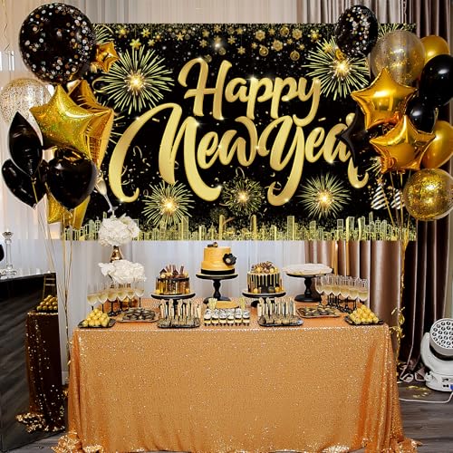 Famoby Happy New Year Fabric Sign Poster Banner Backdrop with Pattern Firework Champagne for Photo Booth Background New Ye...