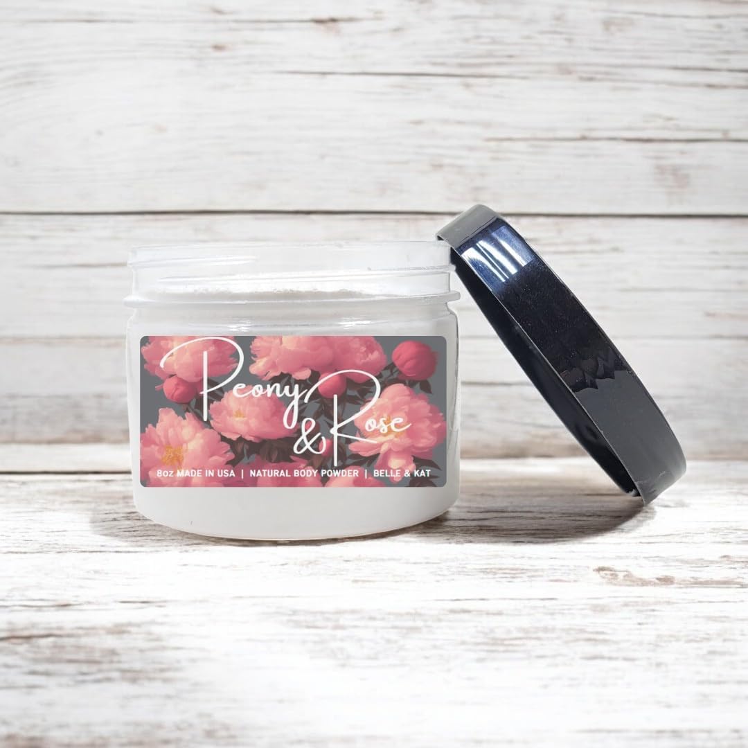 Body Powder for Men & Women Scented Peony & Rose, Bath Perfume Dusting Powder with Fragrance & Essential Oils, Talc Free 8oz Container, Made in USA